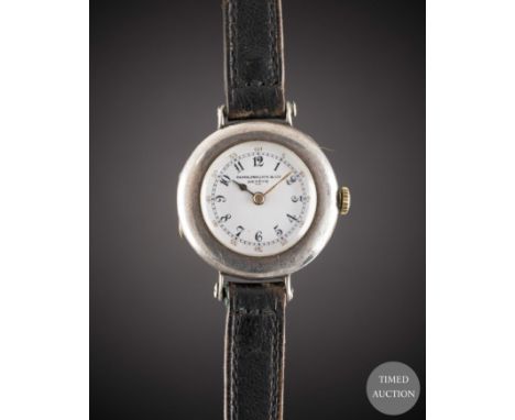 A LADIES SOLID SILVER PATEK PHILIPPE WRIST WATCH
CIRCA 1918, WITH ORIGINAL PORCELAIN DIAL

Movement:&nbsp;Manual wind, signed