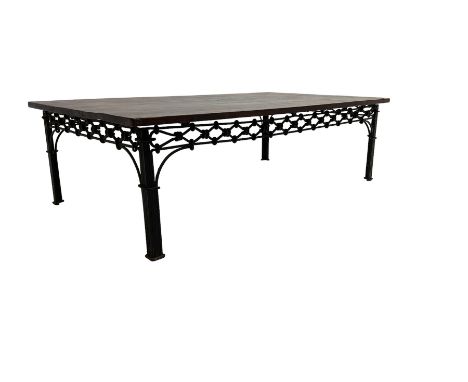 Laura Ashley - mango wood and wrought iron coffee table, the rectangular top over a pierced wrought iron frieze in repeating 