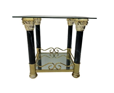 Contemporary two-tier coffee table, square glass top supported by marble effect columns with gilt metal corinthian capitals, 