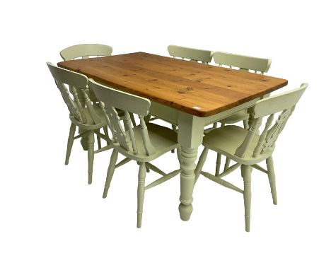 Traditional farmhouse pine dining table, rectangular top over laurel green painted frieze and turned supports, and set six ma