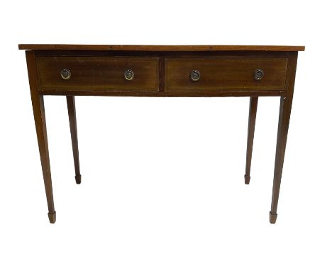 19th century mahogany bow-front side table, fitted with two drawers with satinwood strung facias, raised on square tapering s