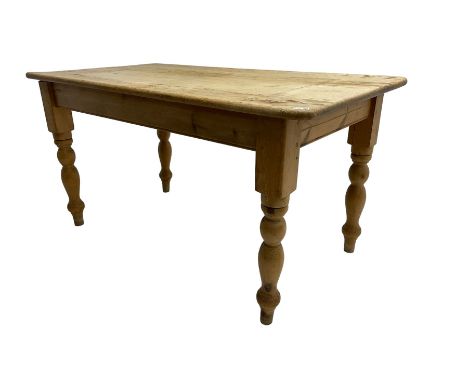 Traditional pitch pine farmhouse table, rectangular top raised on turned supportsDimensions: Height:&nbsp;79cm&nbsp; Length/W