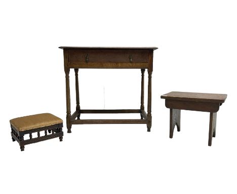 19th century oak side table, fitted with single drawer, raised on tapered supports united by stretchers (W77cm D47cm H71cm); 