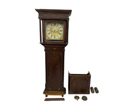 English - mid 19th century 8-day oak longcase clock, with a flat topped pediment and blind fret beneath, square hood door fla