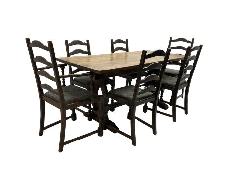 Oak refectory dining table, rectangular top on pierced end supports with sledge feet (W168cm D76cm H77cm); Set six (4+2)oak l