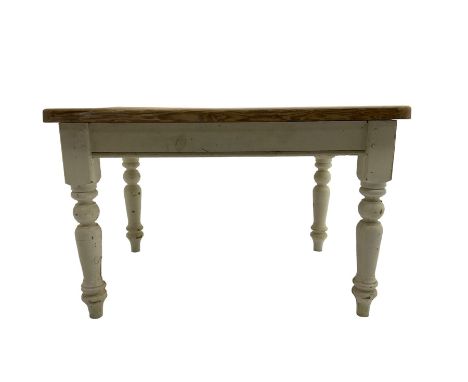 Traditional pine kitchen table with white painted base, rectangular top over single drawer, raised on turned supportsDimensio