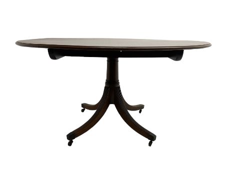 George III mahogany dining table, oval tilt-top with moulded edge, raised on pedestal with quadrupod base terminating in four