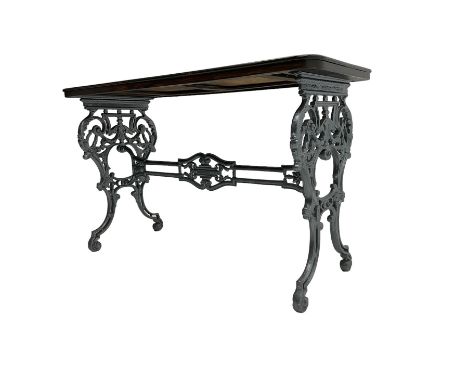 The Louis - late 19th century French design cast iron table, end supports pierced with scrolled foliate decoration and swags,