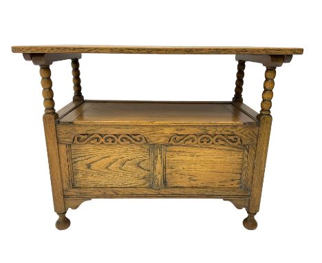 17th century design oak monks bench, hinged metaphoric table back, bobbin turned supports over hinged box seat compartmentDim