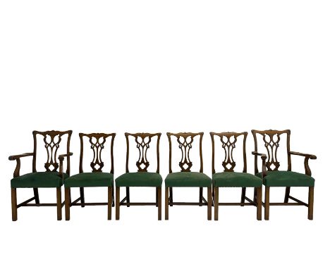 Set six (4+2) Chippendale design dining chairs, pierced and shaped splat back over green upholstered seatDimensions: Length/W