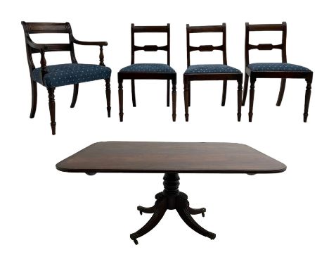 Regency mahogany tilt-top dining table, rectangular top with cross-banding and brass inlay stringing over reeded edge, raised