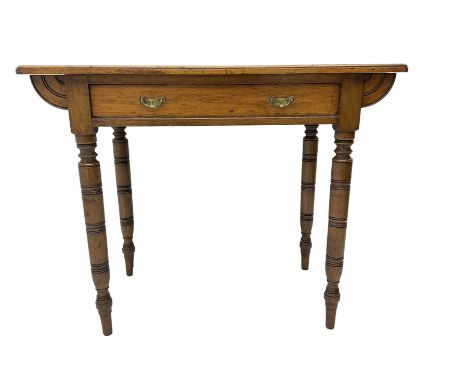 Victorian oak side table, fitted with single drawer, raised on ring turned supportsDimensions: Height:&nbsp;74cm&nbsp; Length