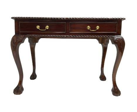 Georgian Chippendale design mahogany side table, rectangular top with gadrooned edge, fitted with two cock-beaded drawers, ra