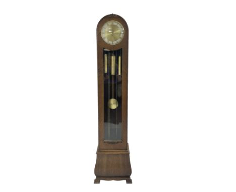 Juhngans - 1930s oak cased 8-day chiming grandmother clock, round toped case with a fully glazed trunk door and visible brass