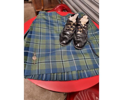 Scottish kilt waist 44 together with silver Hallmarked kilt pin and brogue shoes and a army bag .