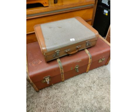 Vintage wooden bound trunk together with case. 