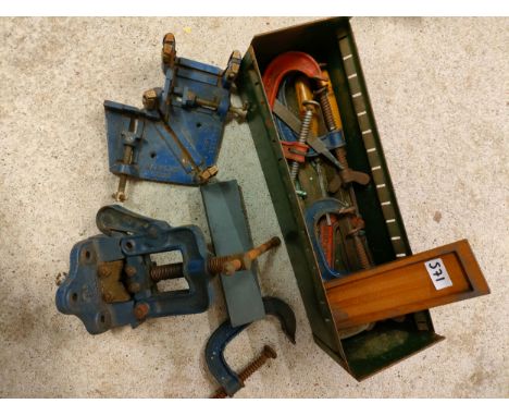 Box of vintage tool clamps etc . 