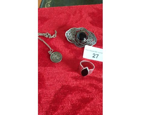 Silver And Onyx Ring Celtic Brooch And Silver Saint Christopher  pendant and chain. 