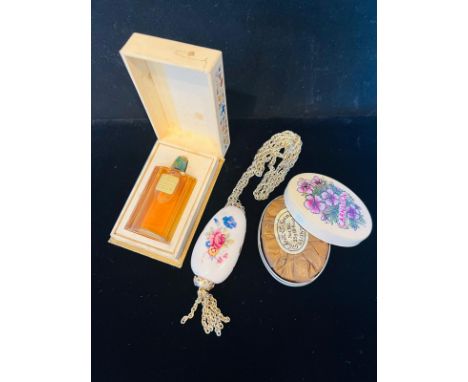 Lot of vintage flower themed items. Includes ceramic powder bottle necklace. Coty perfume bottle set together with Lot of 3 v