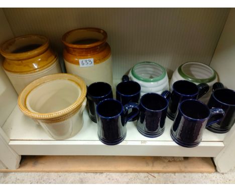 Shelf of stone ware s to include early pot etc . 