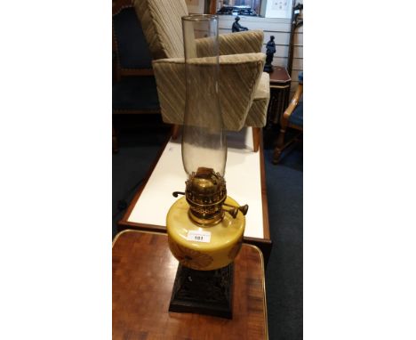 Beautiful  Victorian  oil lamp with hand painted reservoir Ornate Cast iron base  brass Double wick holder and glass Funnel .
