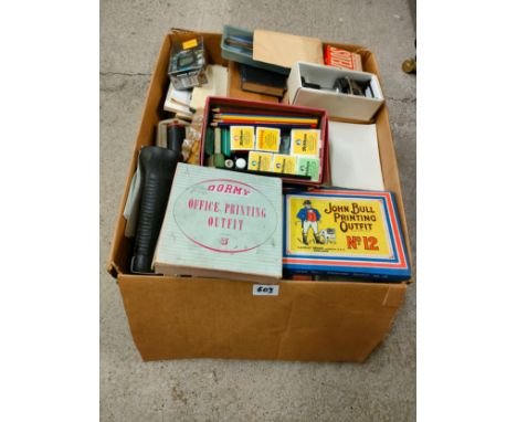 Large box of vintage office utensils includes John bull printing small blocks etc . 