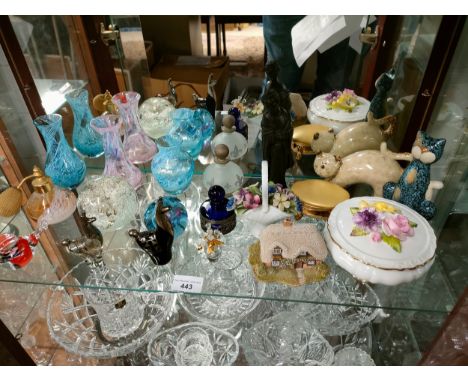 Shelf of art glass vases and perfume bottle etc . 