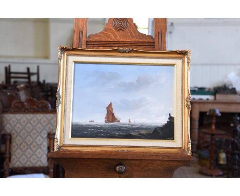 Jade Ducker, an oil on canvas titled to reverse ‘Homeward’ depicting sailing barges off the coast.  Signed lower right.  15½ 