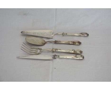 A French silver plated cake serving set comprising trowel and knife.  Stamped to blade Christofle and with monogrammed beaded