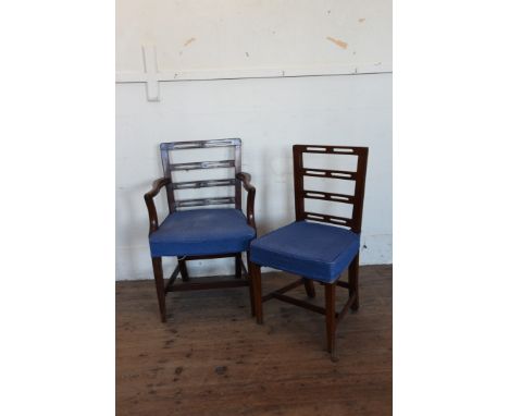 A harlequin set of twelve Victorian mahogany ladder back dining chairs with over-stuffed seats, on square tapering legs and f
