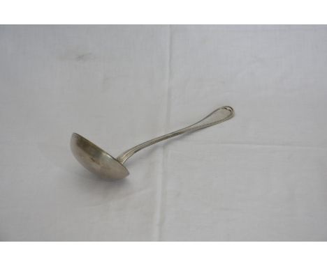 A French silver plated soup ladle, the handle with embossed stamp Alfenide 01Z4 and with Christofle stamp.  