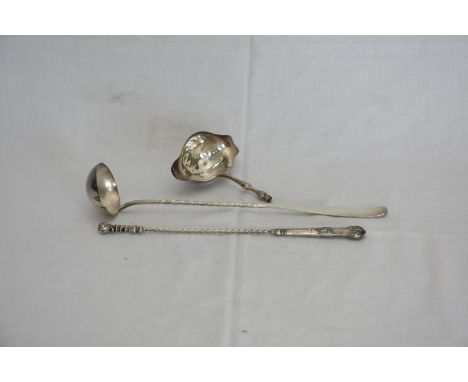 A French white metal ladle with twisted stem and a toddy ladle on a twisted gadrooned stem with scroll decorated handle (af).