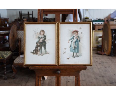 Two coloured prints depicting Summer and Winter after E Welby and a print of a young girl in a puce dress seated on a pedesta