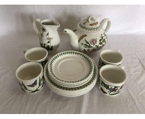 A Portmeirion Botanic Garden pattern part tea set comprising teapot and cover, milk jug, sugar bowl, three teacups and saucer