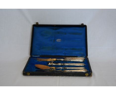 A French silver handled five piece carving and serving set.  Stamped to handles TR with bird to the centre comprising carving