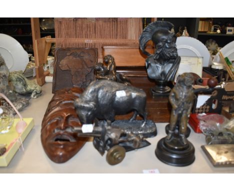 A variety of items, including vintage wooden boxes, cast metal pepper grinder, treen African mask, cast metal bull study and 