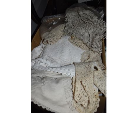 A box of mixed vintage and retro crotchet work, cloths, doilies etc to be included.