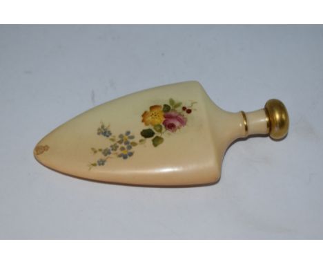 A Royal Worcester blush ivory perfume bottle of spade form, having floral decoration of roses and forget-me-nots to both face
