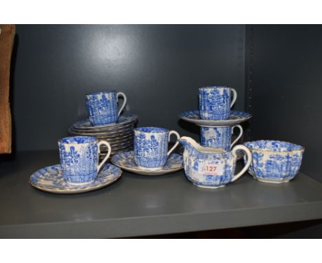 A quantity of Copelands china of fluted design, having blue and white transfer decoration of oriental scenes with pagoda, inc