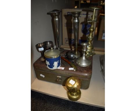 A Mixed lot of vintage items, comprising, novelty lighter, candlesticks, deed box, opium pipe and similar.