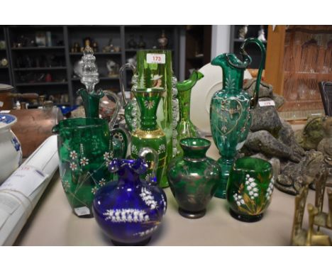 A collection of vintage glass ware, many items with enamel and gilt detailing, including Mary Gregory style vase.