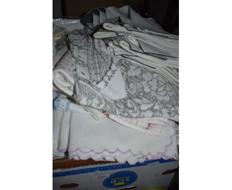 A large box of mixed vintage and retro table linen and similar, including embroidered items.