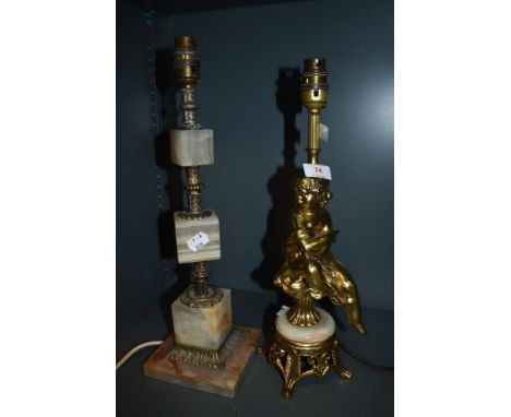 Two vintage table lamps, one having semi nude figure decoration, the other cubes of onyx, interspersed with moulder brass ste