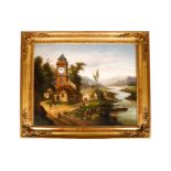 Bilderuhr, 19. Jh., Öl auf Leinwand, Landschaft mit Fluss, vielen Personen und Kirche mit Uhr,