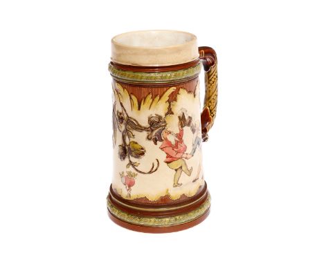Mettlach Zwergenkrug, reliefiert, bemalt, Nr. 2184, ohne Deckel, H 16 cm