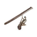Kette mit Anhänger Silber 835, Darstellung eines Pfaues, Körper Perlmutt, besetzt mit zahlreichen