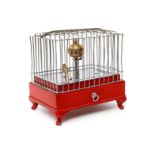 Vogelkäfig mit Uhr und beweglichem Vogel, intakt, auf Guss-Sockel, L 10,5 cm