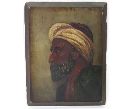 19th Century Continental School - Head and shoulders portrait of an Arab man, oil on board, unsigned, unframed, 45cm x 35cm
