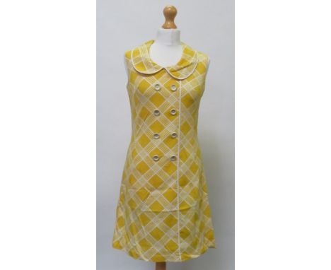 A 1960's/1970's red polyester dress with cream lace trim; a 1960's Carnegie of London dress in yellow/white check and origina