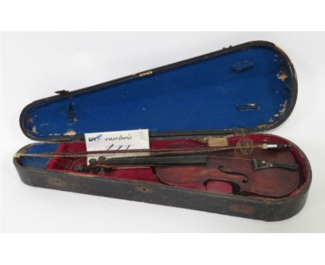 A 19th century violin with lions head end, no label, single piece back, rich red/brown colour, 13.75 long with un-marked bow 
